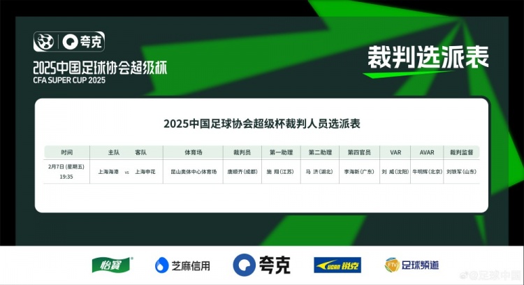 超级杯海港vs申花裁判员名单:主裁判唐顺齐,VAR刘威